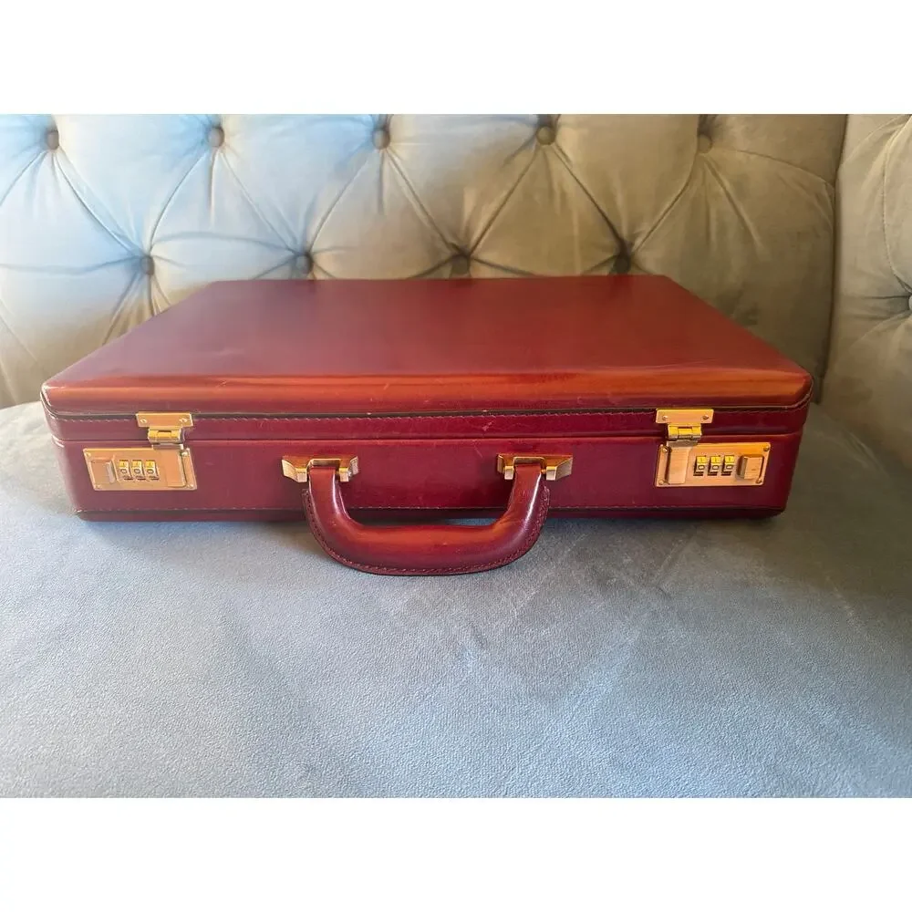 VTG attaché briefcase genuine leather brown burgundy gold tone locks hardware!